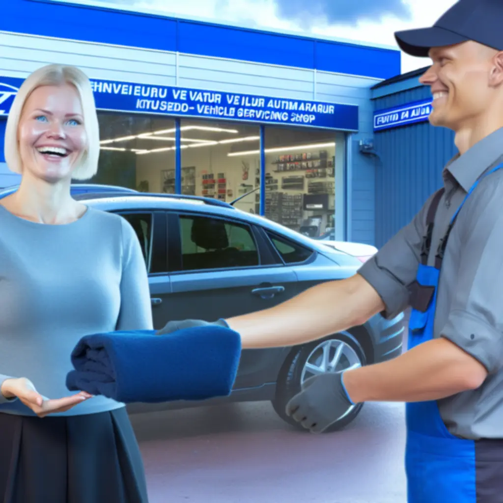 Tyytyväinen Fix Wheel Suomi -asiakas noutamassa huollettua autoaan