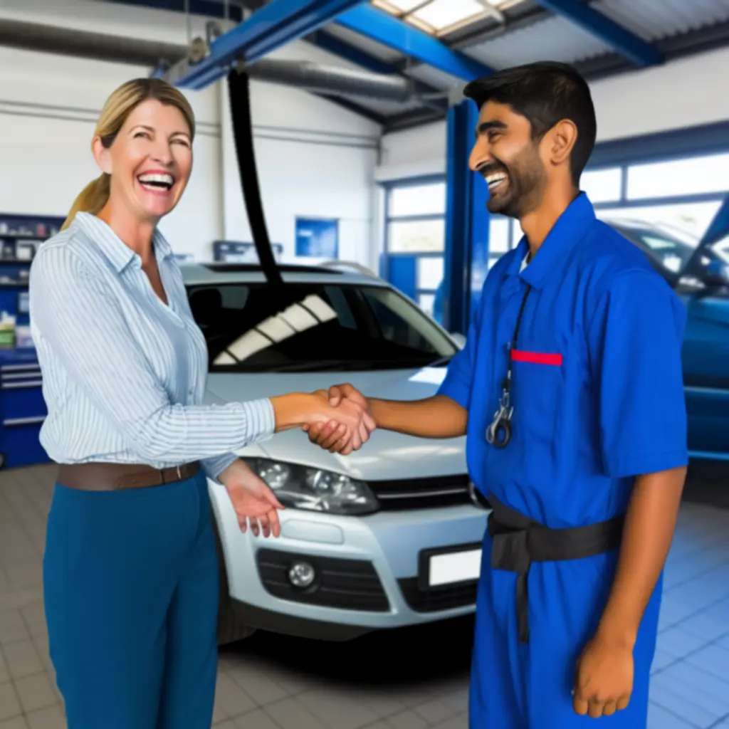 Tyytyväinen Fix Wheel Suomen asiakas noutamassa autoaan huollosta