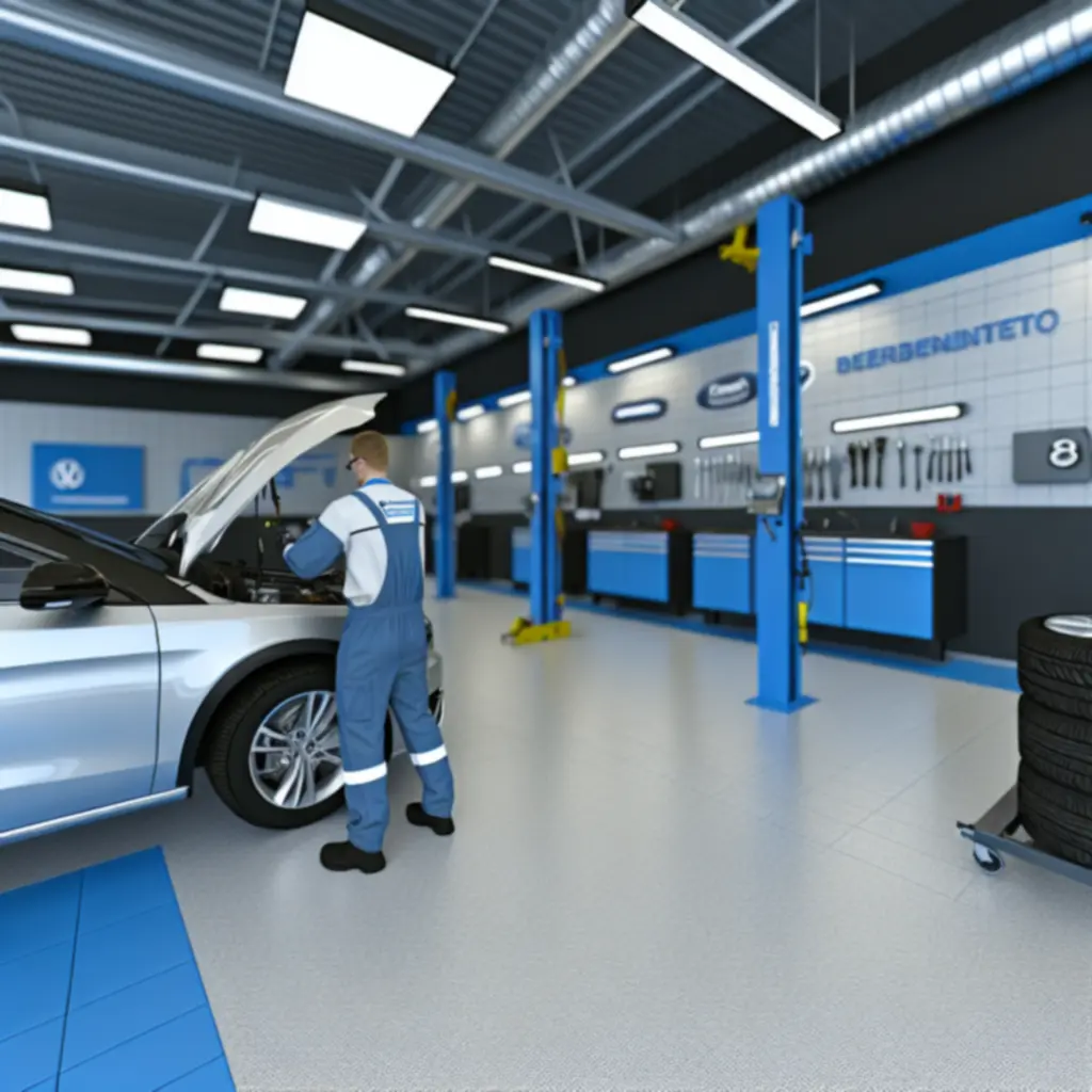 Automekaanikko työskentelee modernissa suomalaisessa korjaamossa